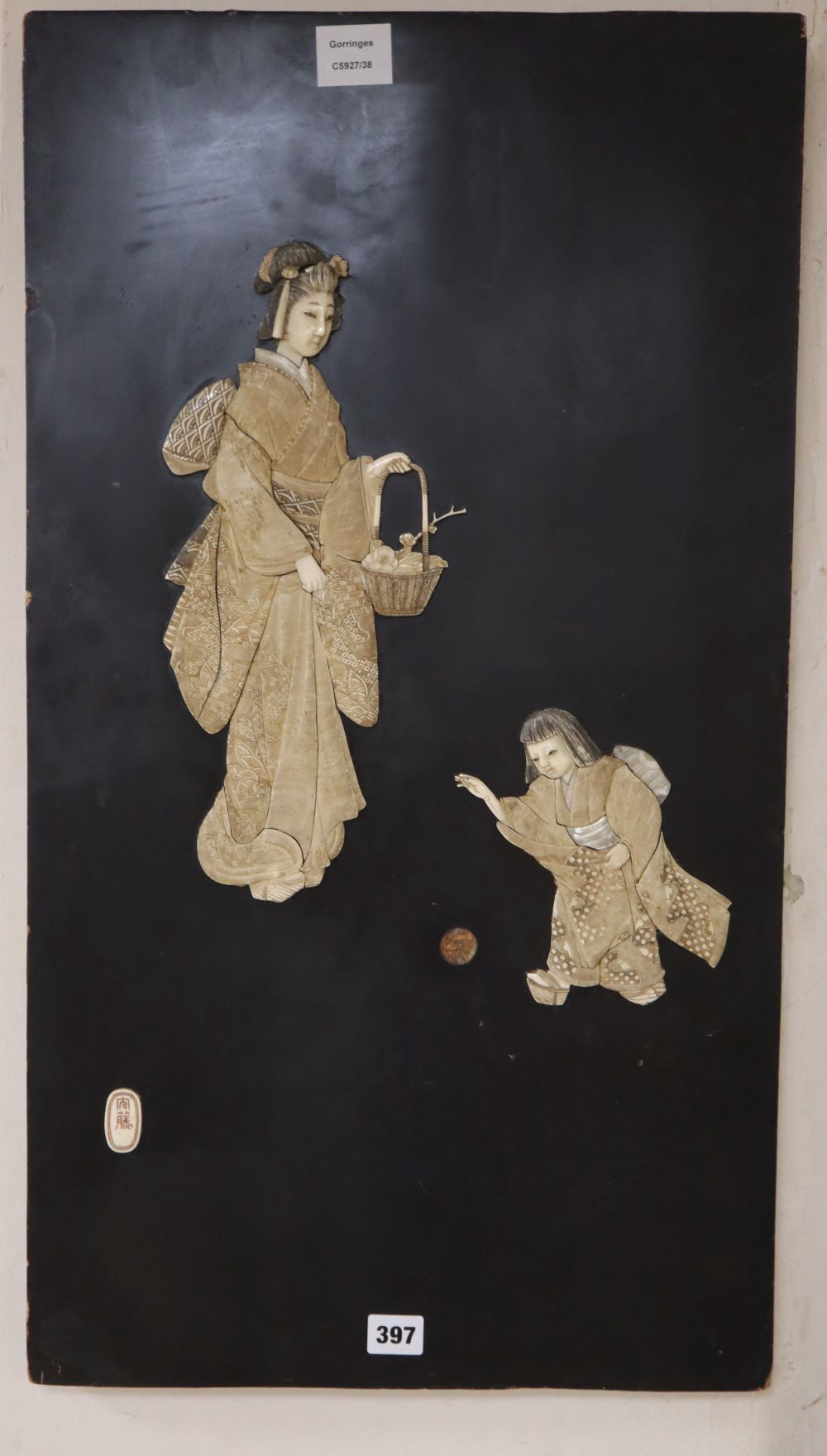A Japanese shibayama panel, width 42cm, height 75cm